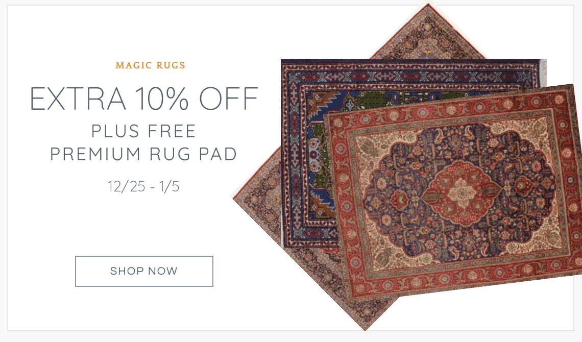 holiday 10% off sale plus free premium rug pad