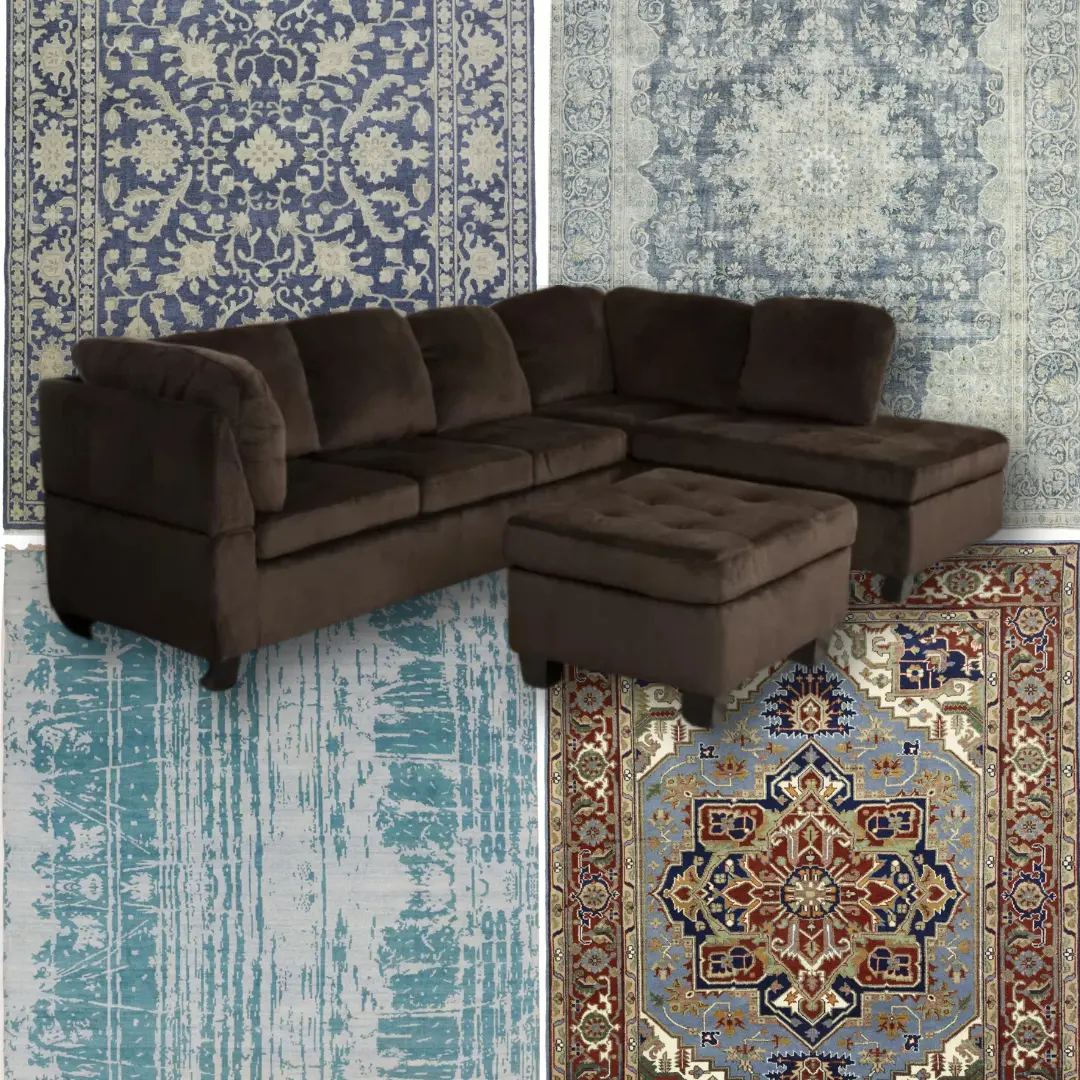 chocolate dark brown contemporary modern style couch with blue oriental rug ideas