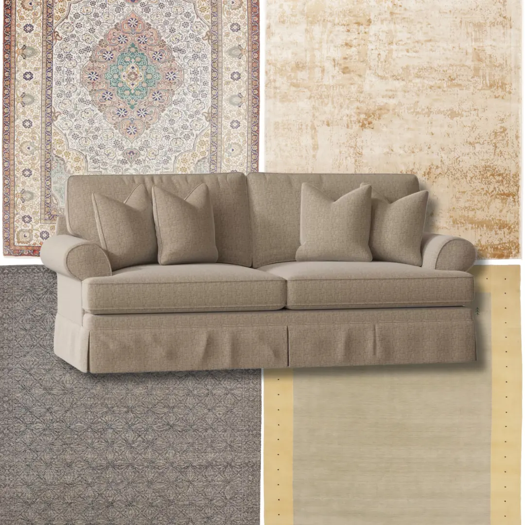 beige brown farmhouse style couch with white beige gray oriental rug ideas