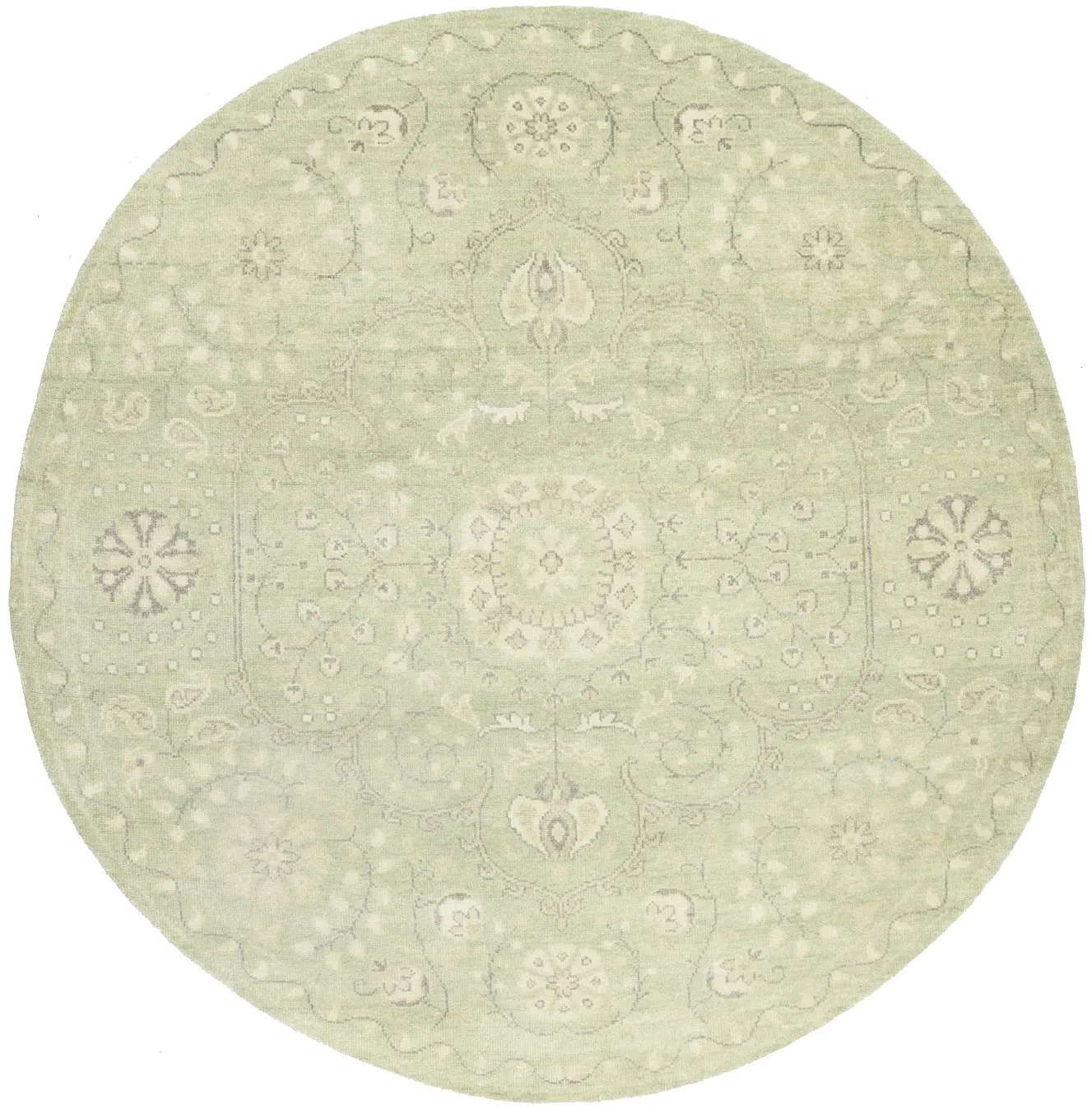 Muted Green Floral 8X8 Transitional Oriental Round Rug