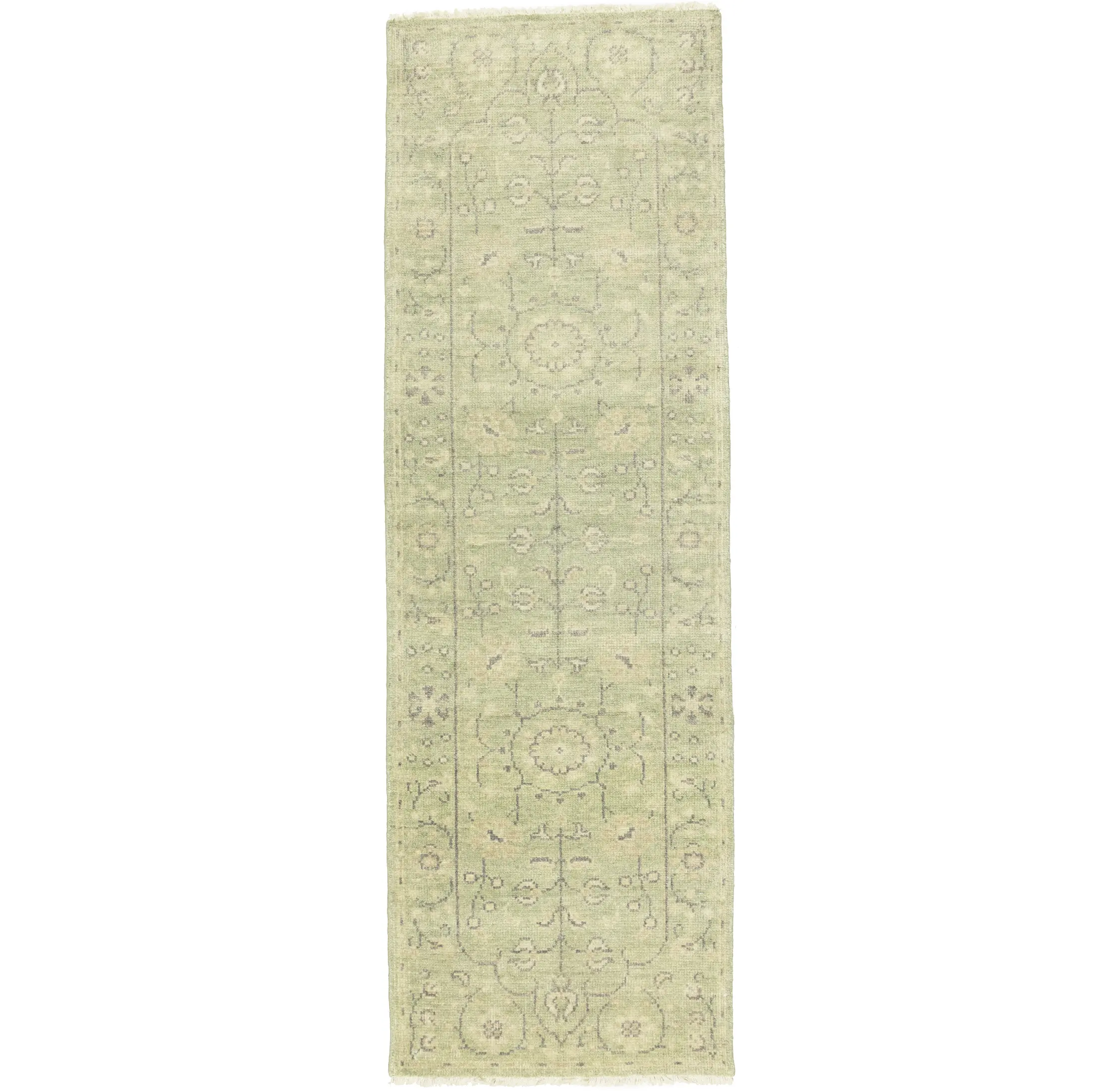 Muted Green Floral 3X8 Transitional Oriental Runner Rug
