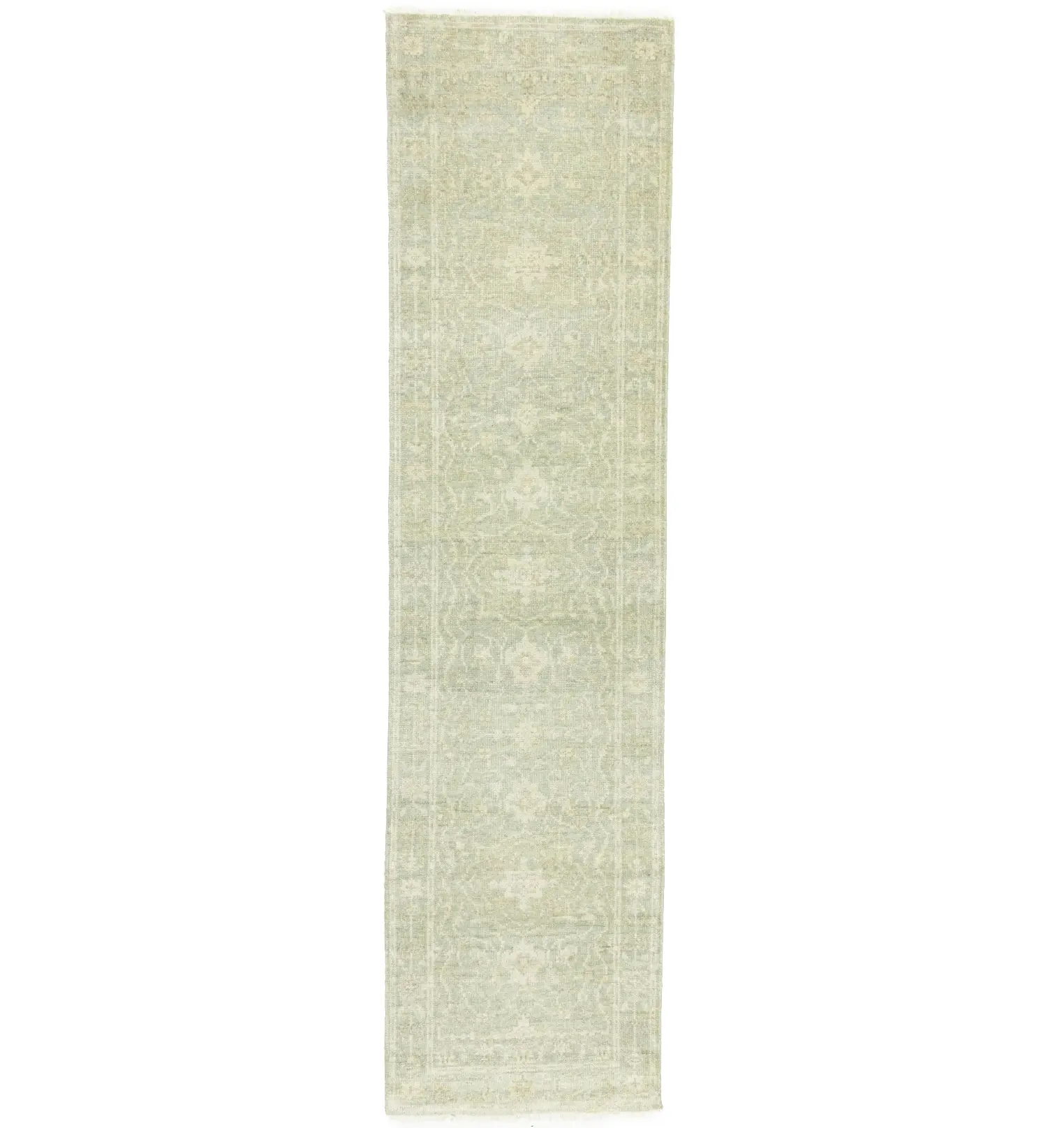 Muted Green Floral 3X8 Transitional Oriental Runner Rug