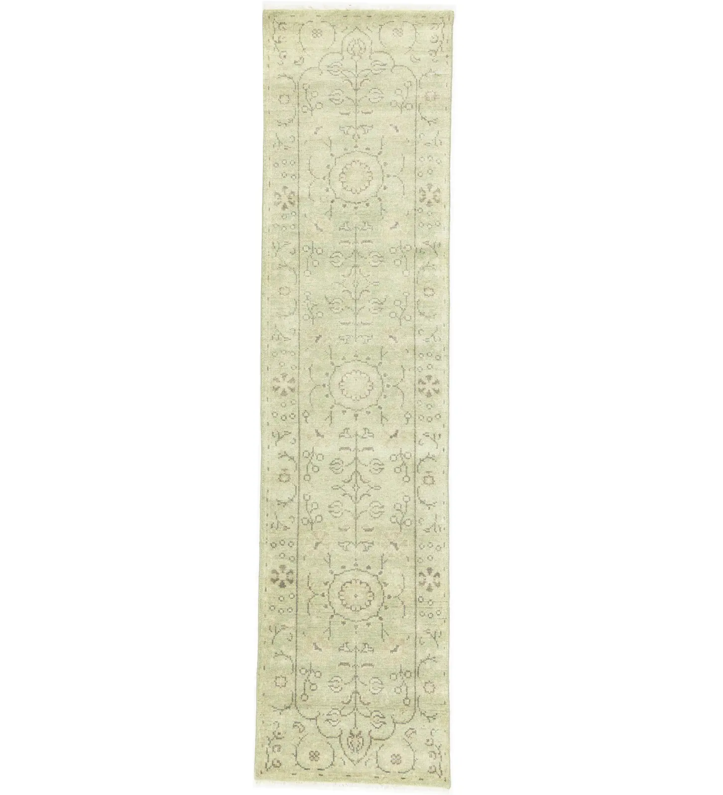 Muted Green Floral 2'5X10 Transitional Oriental Runner Rug