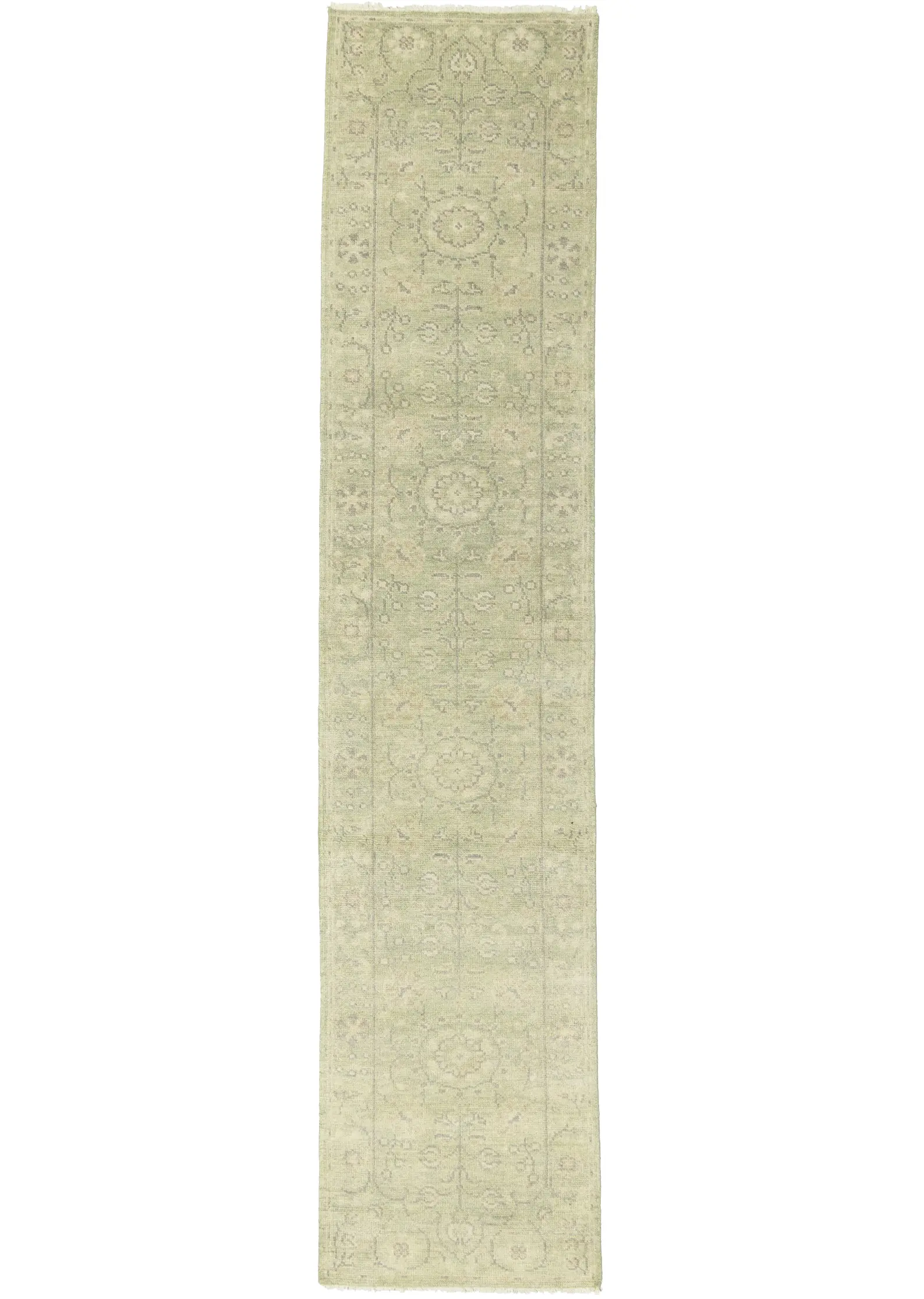 Muted Green Floral 2'7X11'9 Transitional Oriental Runner Rug