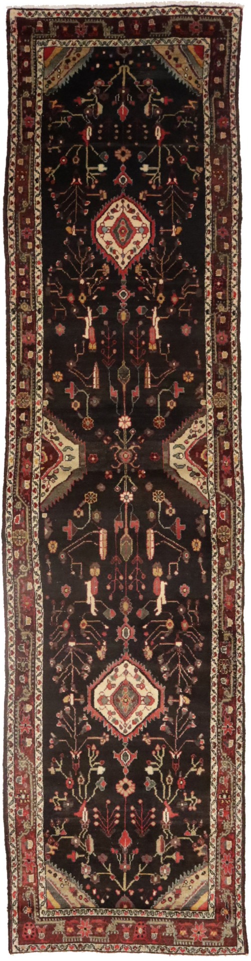 Semi Antique Dark Brown Floral 3'4X13'5 Hamedan Persian Runner Rug